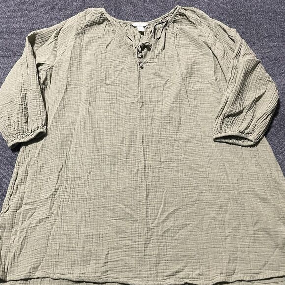 H&M Shirt Womens 2XL Green Crinkle Gauze Peasant Tunic 3/4 Sleeve Lace Up Boho - Picture 5 of 9